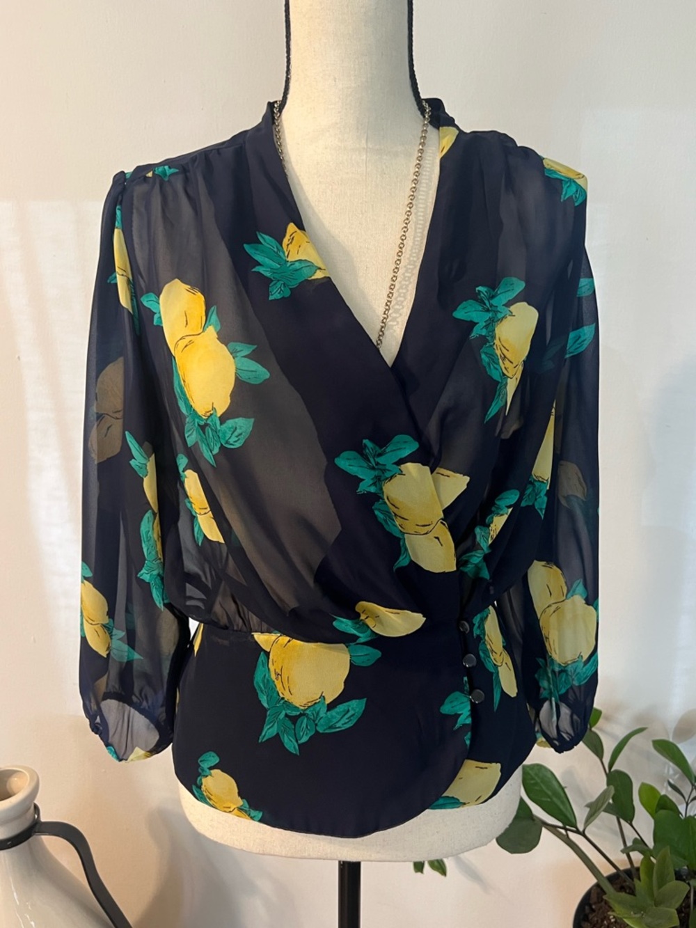 New York & Company Navy Wrap Blouse with Yellow Lemon Print